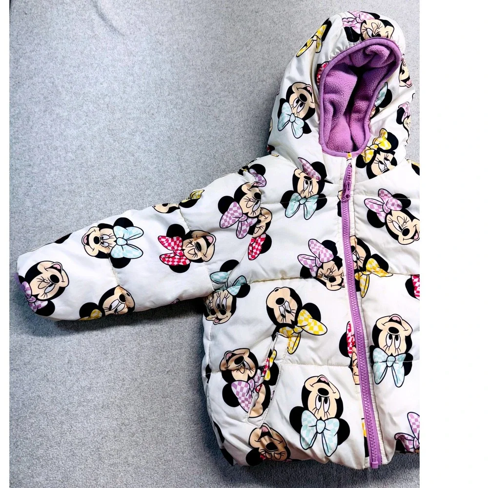 Disney Jumping Beans Puffer Jacket Kids 5T White Minnie Mouse Fleece Lined Coat